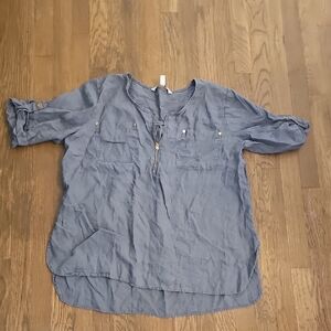 Ellen Tracy Steel Grey Linen Top. Gold Zip And Buttons Office Cosmopolitan EUC